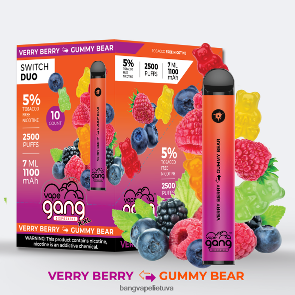 Vape Gang Switch Duo 2 skoniai (10 vnt.) - HF460N46 Bang Vape Disposable raudonas obuolys - žalias obuolys